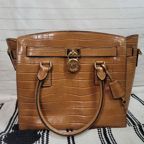 Michael Kors Hamilton Embossed-Leather Satchel in Acorn - Picture 1 of 16